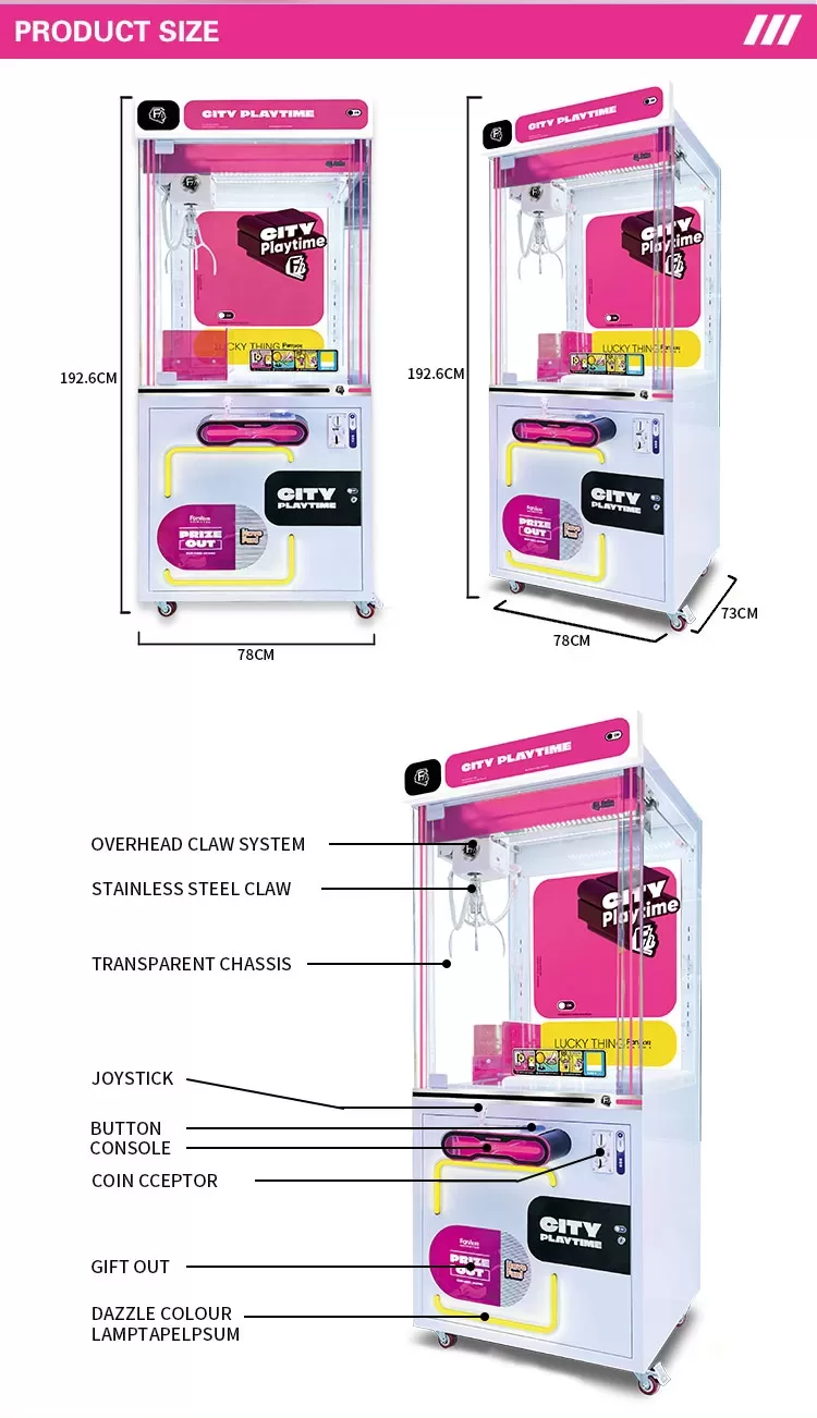 Close-up of stainless steel overhead claw system gripping a prize inside the transparent cabinet